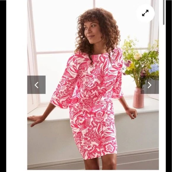 Boden Laurie Linen Dress 14L Lollipop Exotic Escape Semi-Fitted Pockets